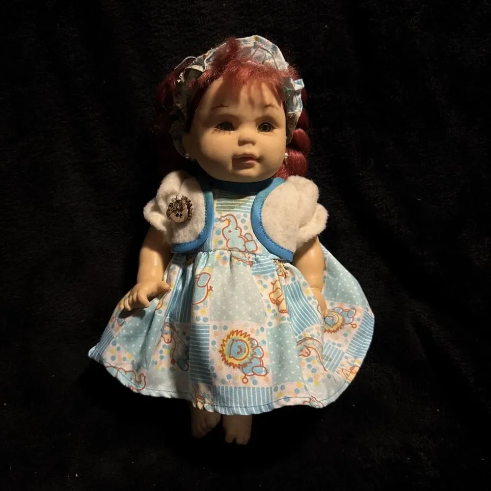 Vintage Redheaded Doll With Pigtails & Earings Blue Elephant Dress